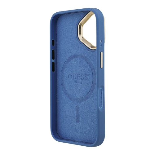 Guess для iPhone 16 чехол PU 4G Triangle metal logo and Camera Stand Hard Blue (MagSafe)