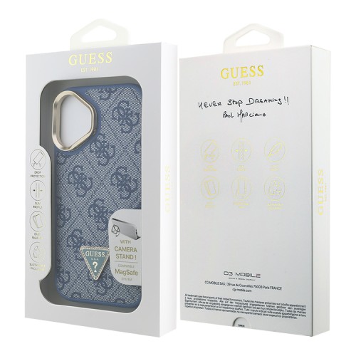 Guess для iPhone 16 чехол PU 4G Triangle metal logo and Camera Stand Hard Blue (MagSafe)