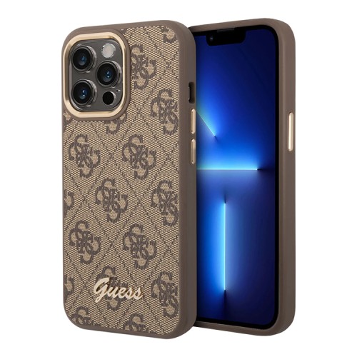 Чехол Guess PU 4G w Script metal logo Hard для iPhone 14 Pro Max, коричневый (Magsafe)