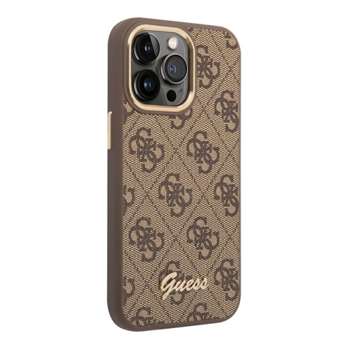 Чехол Guess PU 4G w Script metal logo Hard для iPhone 14 Pro Max, коричневый (Magsafe)