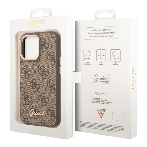 Чехол Guess PU 4G w Script metal logo Hard для iPhone 14 Pro Max, коричневый (Magsafe)