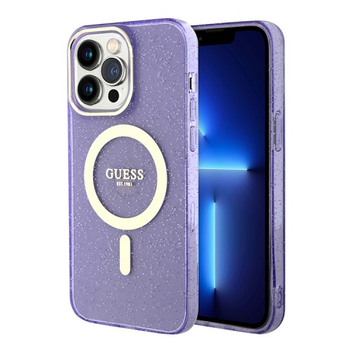 Чехол Guess Glitter Metal outline Hard для iPhone 13 Pro Max, фиолетовый/золотой (MagSafe)
