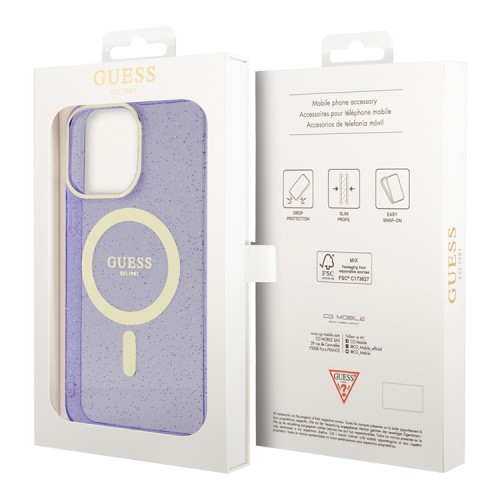 Чехол Guess Glitter Metal outline Hard для iPhone 13 Pro Max, фиолетовый/золотой (MagSafe)
