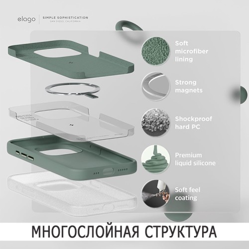 Elago для iPhone 15 Pro Max чехол Soft silicone (Liquid) Midnight Green (MagSafe)