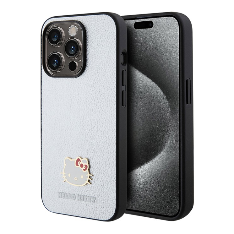 Hello Kitty для iPhone 15 Pro Max чехол PU Grained leather Metal Kitty Head Hard Silver