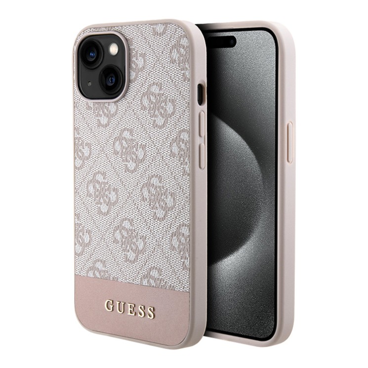 Guess для iPhone 15 чехол PU 4G Bottom stripe Metal logo Hard Pink