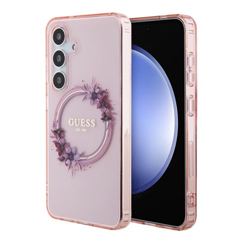 Guess для Galaxy S24 чехол PC/TPU Flowers Wreath Hard Pink (MagSafe)
