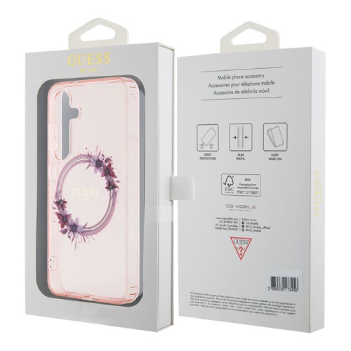 Guess для Galaxy S24 чехол PC/TPU Flowers Wreath Hard Pink (MagSafe)