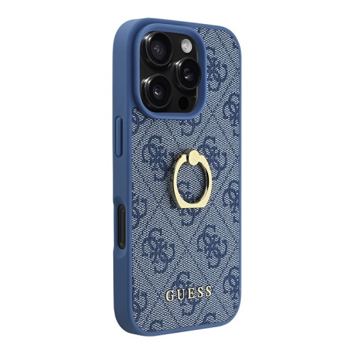 Guess для iPhone 16 Pro чехол PU кожа 4G +кольцо держатель, голубой