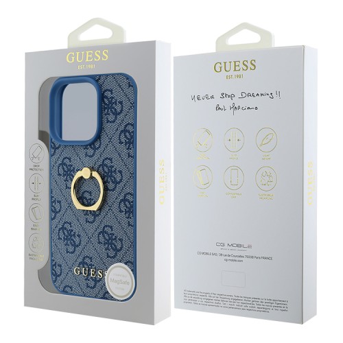 Guess для iPhone 16 Pro чехол PU кожа 4G +кольцо держатель, голубой