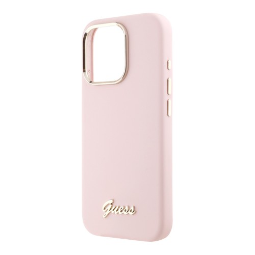 Guess для iPhone 16 Pro чехол Liquid silicone Gold metal logo & Camera frame Hard Pink