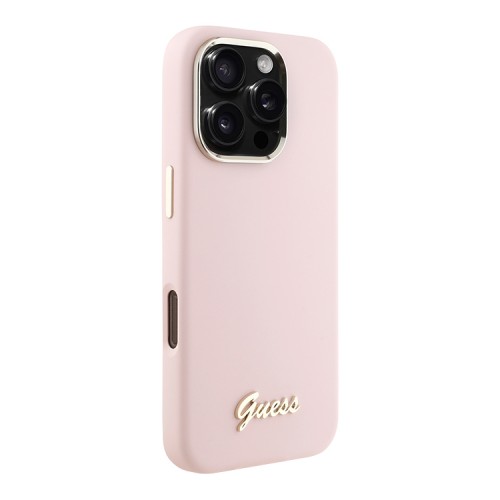 Guess для iPhone 16 Pro чехол Liquid silicone Gold metal logo & Camera frame Hard Pink