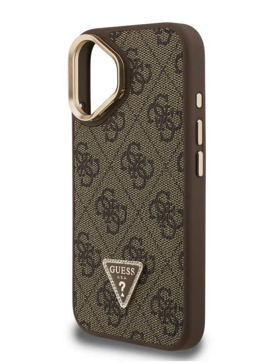 Guess для iPhone 16 чехол PU 4G Triangle metal logo and Camera Stand Hard Brown (MagSafe)