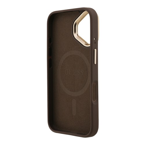 Guess для iPhone 16 чехол PU 4G Triangle metal logo and Camera Stand Hard Brown (MagSafe)