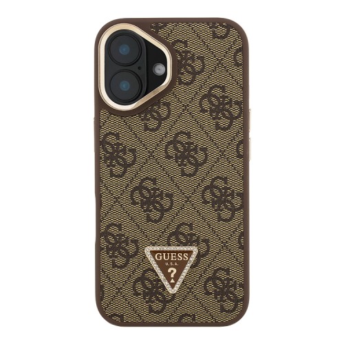 Guess для iPhone 16 чехол PU 4G Triangle metal logo and Camera Stand Hard Brown (MagSafe)