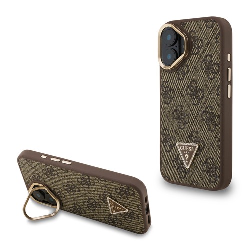 Guess для iPhone 16 чехол PU 4G Triangle metal logo and Camera Stand Hard Brown (MagSafe)