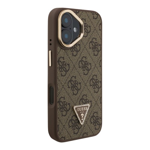 Guess для iPhone 16 чехол PU 4G Triangle metal logo and Camera Stand Hard Brown (MagSafe)