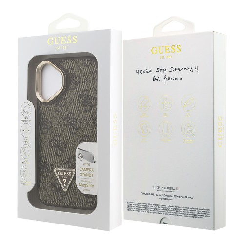 Guess для iPhone 16 чехол PU 4G Triangle metal logo and Camera Stand Hard Brown (MagSafe)