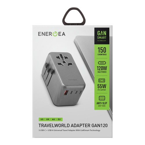 Energea СЗУ TravelWorld adapter GaN 120, 3USB-C + 1USB-A, GaN PD120W Gunmetal