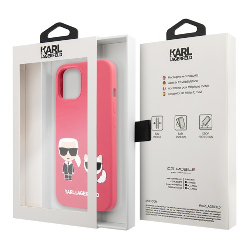 Чехол Lagerfeld Liquid silicone Karl & Choupette Hard для iPhone 13, фуксия