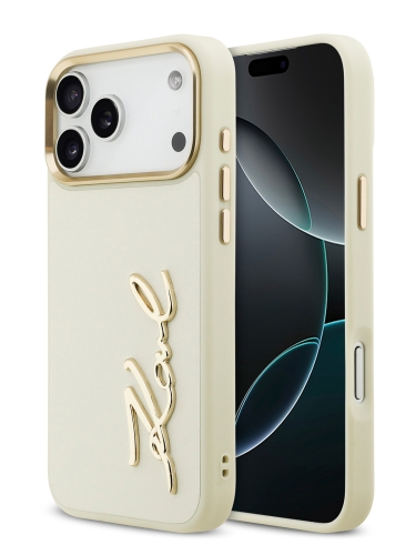 Karl Lagerfeld для iPhone 17 Pro Max чехол PU leather Autograph Metal logo & Gold camera Hard Beige
