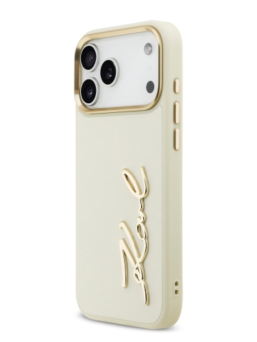 Karl Lagerfeld для iPhone 17 Pro Max чехол PU leather Autograph Metal logo & Gold camera Hard Beige