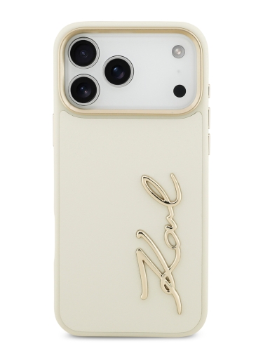 Karl Lagerfeld для iPhone 17 Pro Max чехол PU leather Autograph Metal logo & Gold camera Hard Beige