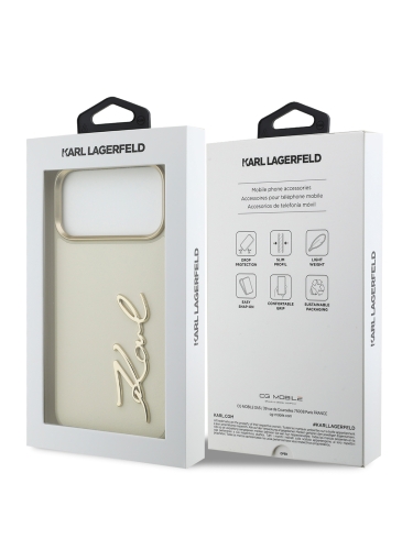 Karl Lagerfeld для iPhone 17 Pro Max чехол PU leather Autograph Metal logo & Gold camera Hard Beige