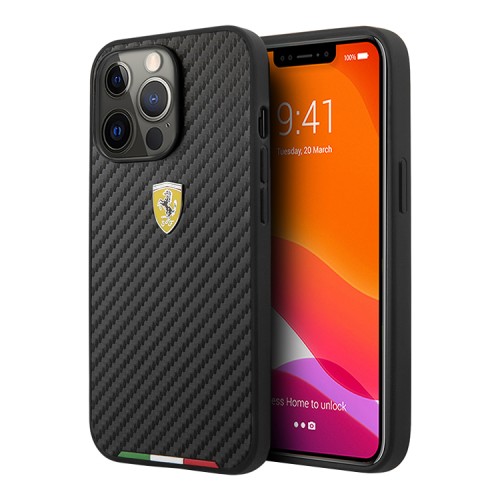 Чехол Ferrari PU Carbon Italia stripe with metal logo Hard для iPhone 13 Pro, черный