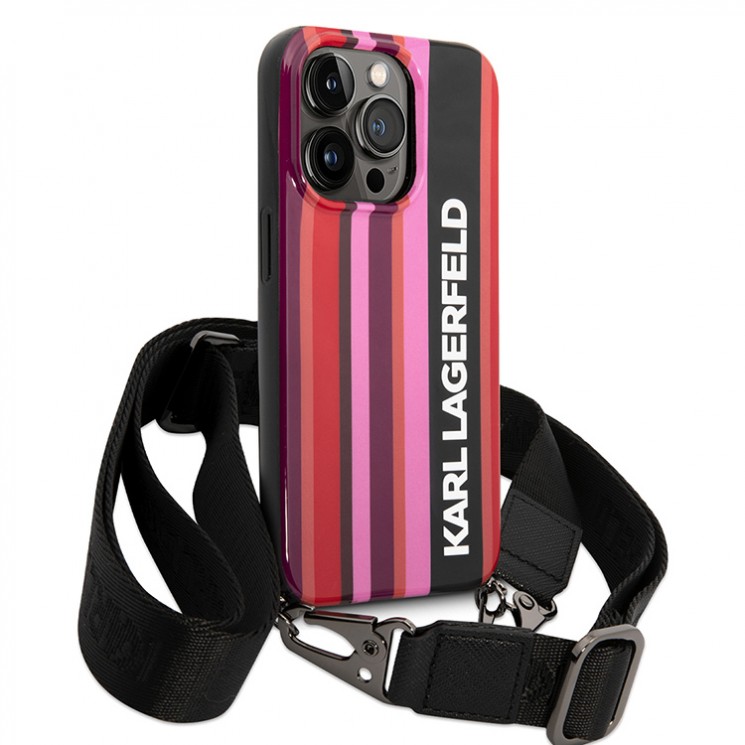 Чехол Lagerfeld Crossbody PC/TPU Color stripes with Strap Hard для iPhone 14 Pro Max, розовый