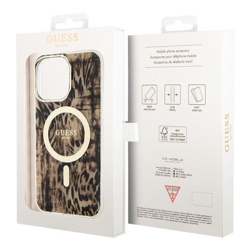 Чехол Guess Leopard Hard для iPhone 14 Pro, коричневый/золотой (MagSafe)