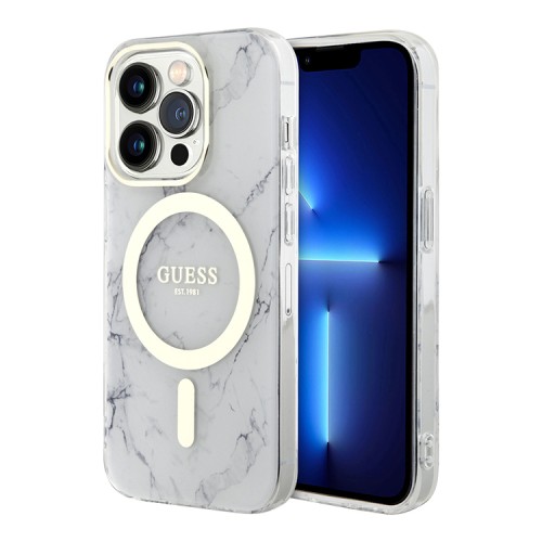 Чехол Guess Marble Hard для iPhone 13 Pro Max, белый/золотой (MagSafe)