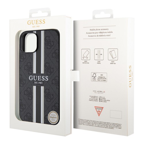 Guess для iPhone 15 чехол PU 4G Stripes Hard Black (MagSafe)