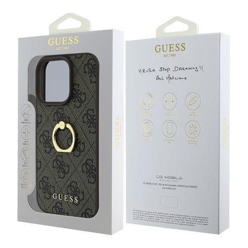 Guess для iPhone 16 Pro чехол PU кожа 4G +кольцо держатель, коричневый