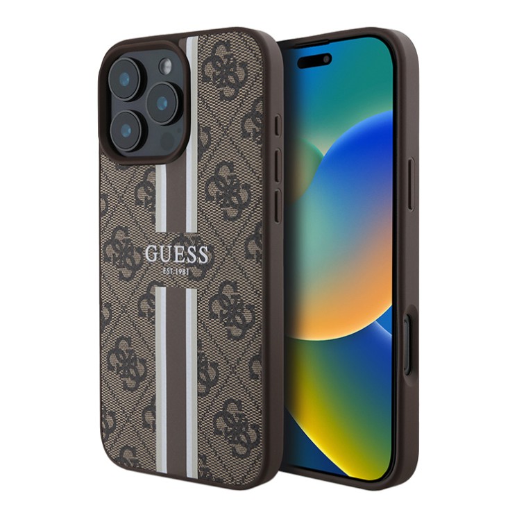 Guess для iPhone 16 Pro чехол PU 4G Stripes Hard Brown (MagSafe)
