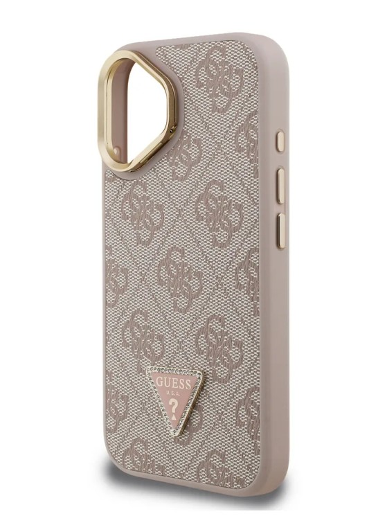 Guess для iPhone 16 чехол PU 4G Triangle metal logo and Camera Stand Hard Pink (MagSafe)