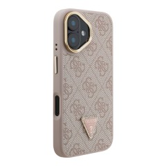 Guess для iPhone 16 чехол PU 4G Triangle metal logo and Camera Stand Hard Pink (MagSafe)