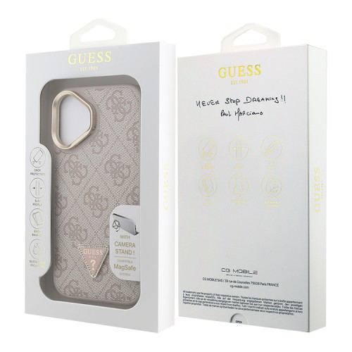 Guess для iPhone 16 чехол PU 4G Triangle metal logo and Camera Stand Hard Pink (MagSafe)