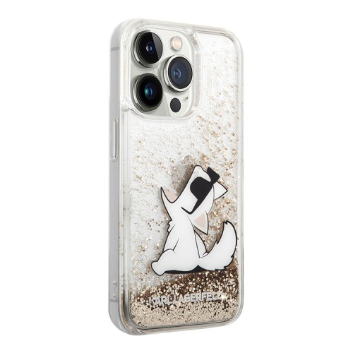 Чехол Lagerfeld Liquid glitter Choupette Fun Hard для iPhone 14 Pro, золотой