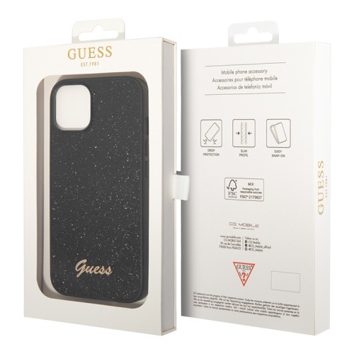 Чехол Guess Glitter flakes w Metal logo Hard для iPhone 14 Plus, черный