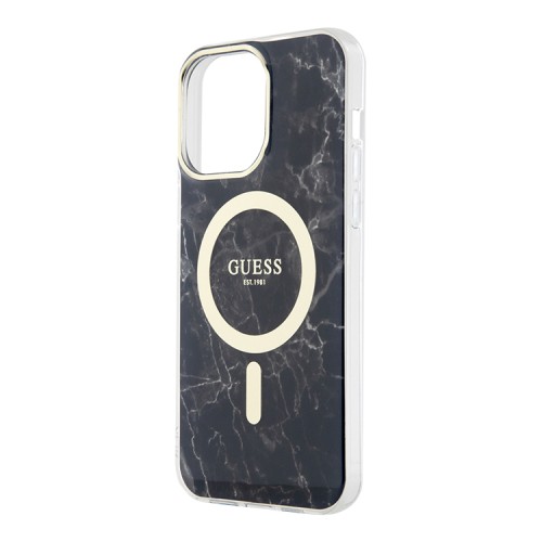 Чехол Guess Marble Hard для iPhone 14 Pro, черный/золотой (MagSafe)