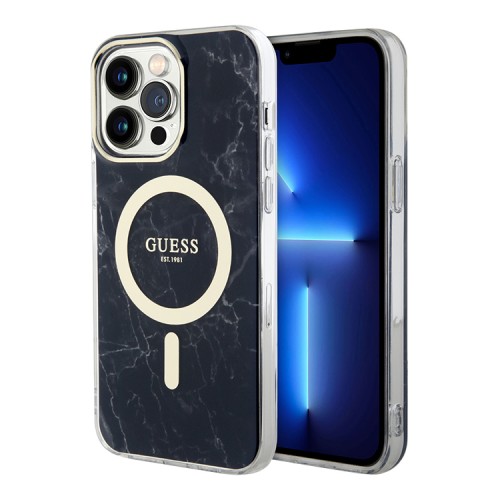 Чехол Guess Marble Hard для iPhone 14 Pro, черный/золотой (MagSafe)