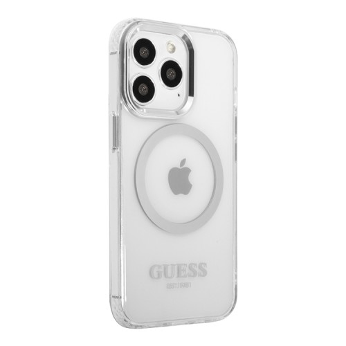 Чехол Guess Metal outline Hard для iPhone 13 Pro Max, прозрачный/серебристый (MagSafe)