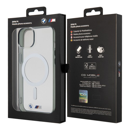 Чехол BMW M-Collection Silver Ring Hard для iPhone 14, прозрачный (MagSafe)