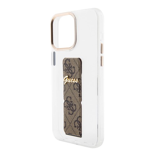 Guess для iPhone 15 Pro чехол GripStand PC/TPU 4G with Script metal logo Hard Clear/Brown