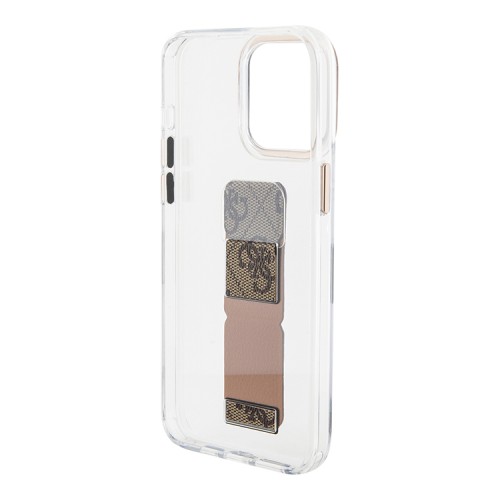 Guess для iPhone 15 Pro чехол GripStand PC/TPU 4G with Script metal logo Hard Clear/Brown