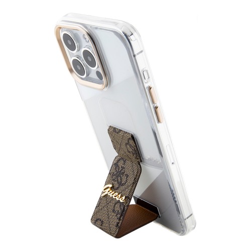 Guess для iPhone 15 Pro чехол GripStand PC/TPU 4G with Script metal logo Hard Clear/Brown