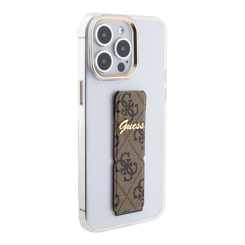 Guess для iPhone 15 Pro чехол GripStand PC/TPU 4G with Script metal logo Hard Clear/Brown