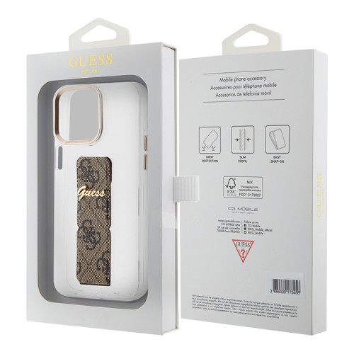 Guess для iPhone 15 Pro чехол GripStand PC/TPU 4G with Script metal logo Hard Clear/Brown