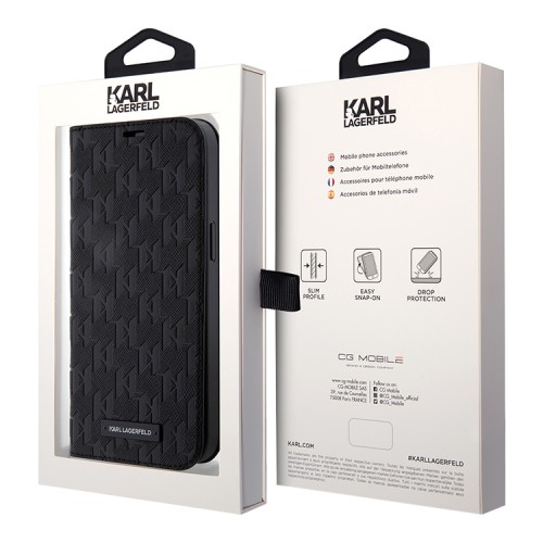 Karl Lagerfeld для iPhone 15 Pro чехол PU Saffiano Monogram Metal logo Booktype Black